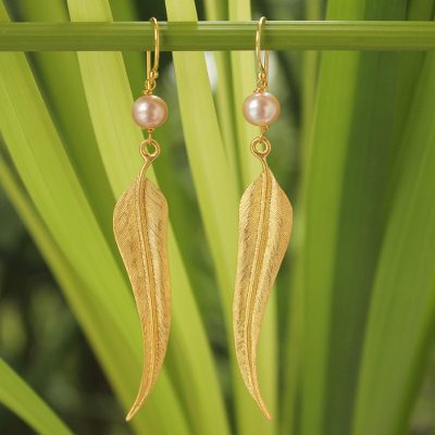 Gold vermeil cultured pearl dangle earrings, 'Free as a Bird' - Handcrafted Vermeil Pearl Dangle Earrings