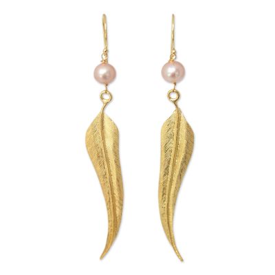 Gold vermeil cultured pearl dangle earrings, 'Free as a Bird' - Handcrafted Vermeil Pearl Dangle Earrings