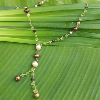 Pearl and peridot pendant necklace, 'Nature's Melody' - Pearl and Peridot Y Necklace