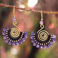 Amethyst dangle earrings, 'Lilac Kiss' - Gold-Plated Brass and Amethyst Earrings from Thailand