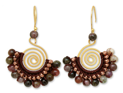 Tourmaline dangle earrings, 'Candy Kiss' - Tourmaline and Brass Bead Dangle Earrings