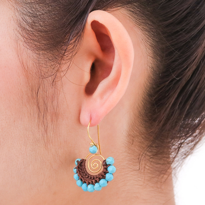 Beaded dangle earrings, 'Sky Kiss' - Brass and Turquoise Colored Bead Dangle Earrings