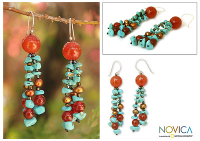 Pearl and carnelian dangle earrings, 'Promise from the Sea' - Fair Trade Pearl and Carnelian Beaded Earrings