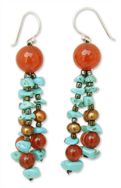 Pearl and carnelian dangle earrings, 'Promise from the Sea' - Fair Trade Pearl and Carnelian Beaded Earrings