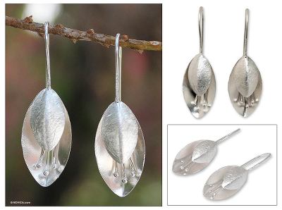 Sterling silver dangle earrings, 'Floral Bud' - Sterling silver dangle earrings