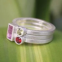 Amethyst and garnet stacking rings, 'Gemstone Geometry' (set of 3)