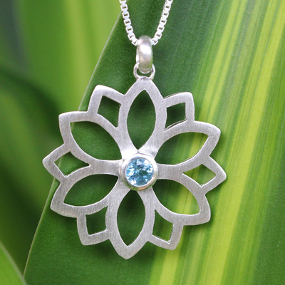 Blue topaz pendant necklace, 'Star of Truth' - Blue Topaz and Silver Flower Necklace