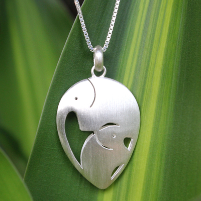 Sterling silver pendant necklace, 'Loving Elephants' - Unique Sterling Silver Pendant Necklace
