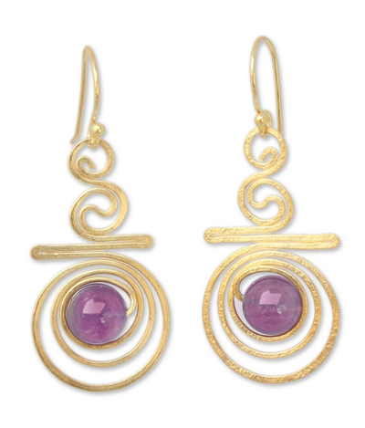 Gold plated amethyst dangle earrings, 'Follow the Dream' - Hand Crafted Modern Gold Plated Amethyst Earrings
