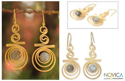 Gold plated labradorite dangle earrings, 'Follow the Dream' - Gold Plated Labradorite Dangle Earrings