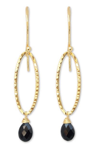 Gold vermeil onyx dangle earrings, 'Iris Dewdrop' - Gold Vermeil and Onyx Earrings