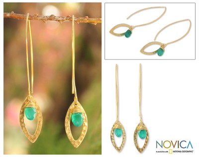 Gold plated onyx dangle earrings, 'Petal' - Gold plated onyx dangle earrings
