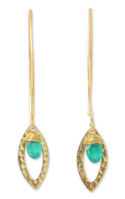Gold plated onyx dangle earrings, 'Petal' - Gold plated onyx dangle earrings