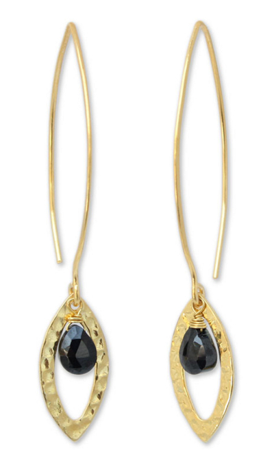 Gold plated onyx dangle earrings, 'Petal' - Gold Plated Onyx Earrings