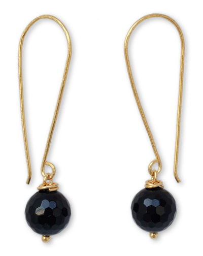 Gold vermeil onyx dangle earrings, 'Songkran Moon' - Fair Trade Vermeil and Onyx Earrings