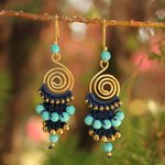 Beaded dangle earrings, 'Blue Spiral' - Unique Gold Plated Brass and Calcite Dangle Earrings