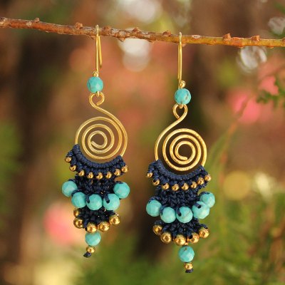 Beaded dangle earrings, 'Blue Spiral' - Unique Gold Plated Brass and Calcite Dangle Earrings