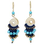 Beaded dangle earrings, 'Blue Spiral' - Unique Gold Plated Brass and Calcite Dangle Earrings