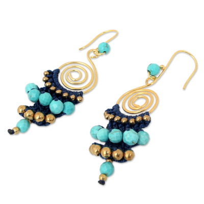 Beaded dangle earrings, 'Blue Spiral' - Unique Gold Plated Brass and Calcite Dangle Earrings