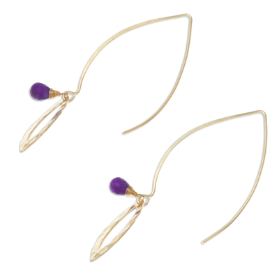 Gold plated amethyst dangle earrings, 'Petal' - Handmade Gold Plated Amethyst Dangle Earrings