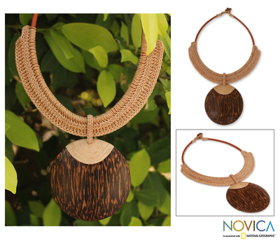 Leather and coconut wood pendant necklace, 'Tan Tribal Glam' - Leather and Coconut Wood Pendant Necklace