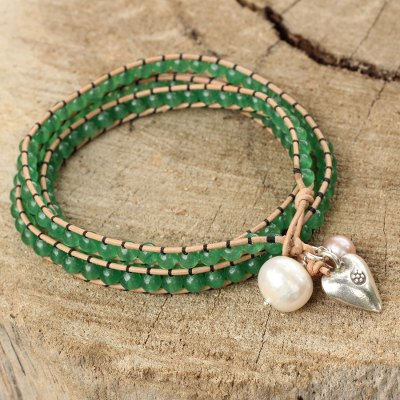 Wristband bracelet, 'Forest Heart' - Leather and Quartz Wrap Bracelet