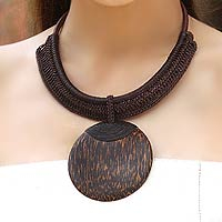 Leather and coconut wood pendant necklace, 'Brown Tribal Glam'