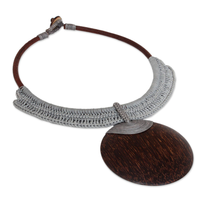 Leather and coconut wood pendant necklace, 'Gray Tribal Glam' - Coconut Wood Crochet Statement Necklace