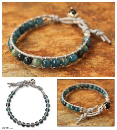 Apatite and agate beaded bracelet, 'Sea Light Serenade' - Handcrafted Kyanite and Agate Beaded Bracelet