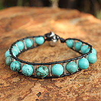 Silver and leather beaded bracelet, 'Hill Tribe Sea' - Artisan Crafted Turquoise Colored Beaded Bracelet