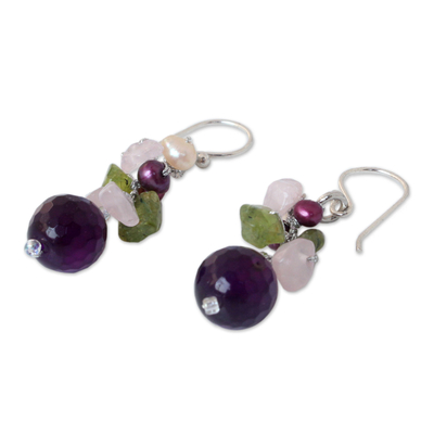 Pearl and rose quartz cluster earrings, 'Princess Legend' - Pearl and Rose Quartz Cluster Earrings
