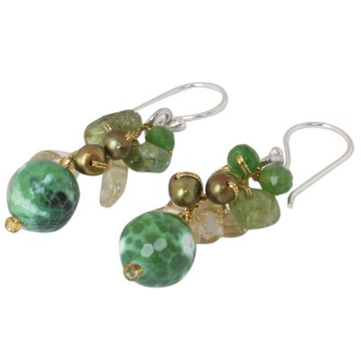 Pearl and peridot cluster earrings, 'Verdant Love' - Handcrafted Thai Dangle Earrings