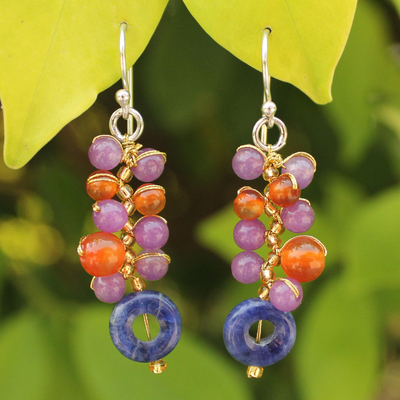 Sodalite and carnelian cluster earrings, 'Radiant Color' - Unique Carnelian Cluster Earrings