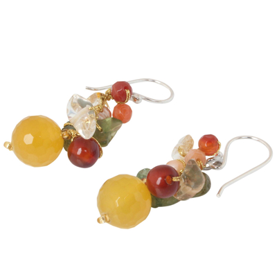 Multi-gemstone cluster earrings, 'Sunshine Love' - Hand Crafted Pearl and Quartz Beaded Earrings