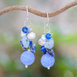 Pearl and aquamarine cluster earrings, 'Azure Love' - Handmade Agate and Aquamarine Beaded Earrings