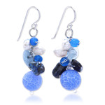 Pearl and aquamarine cluster earrings, 'Azure Love' - Handmade Agate and Aquamarine Beaded Earrings