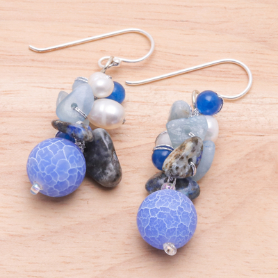 Pearl and aquamarine cluster earrings, 'Azure Love' - Handmade Agate and Aquamarine Beaded Earrings