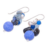 Pearl and aquamarine cluster earrings, 'Azure Love' - Handmade Agate and Aquamarine Beaded Earrings