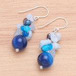 Pearl and aquamarine cluster earrings, 'Blue Love' - Unique Pearl and Aquamarine Cluster Earrings