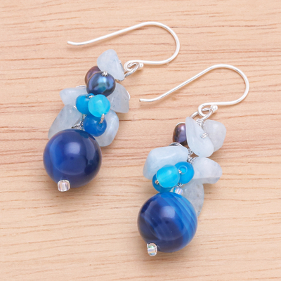 Perlen- und Aquamarin-Cluster-Ohrringe - Einzigartige Perlen- und Aquamarin-Cluster-Ohrringe