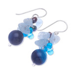 Pearl and aquamarine cluster earrings, 'Blue Love' - Unique Pearl and Aquamarine Cluster Earrings