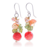 Pearl and citrine cluster earrings, 'Radiant Love' - Handcrafted Beaded Quartz Earrings