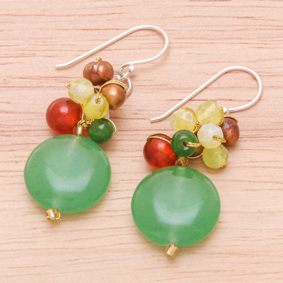 Pearl and carnelian cluster earrings, 'Thai Joy' - Quartz and Pearl Dangle Earrings