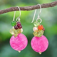 Pearl and garnet cluster earrings, 'Thai Joy' - Gemstone Beaded Dangle Earrings