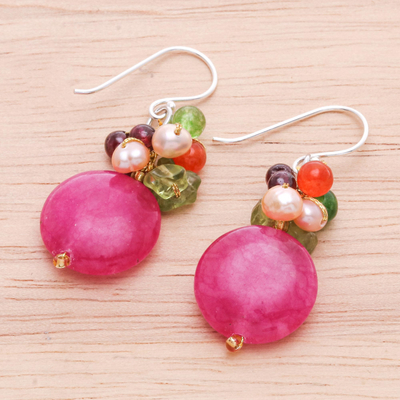 Pendientes de racimo de perlas y granates - Pendientes colgantes con cuentas de piedras preciosas
