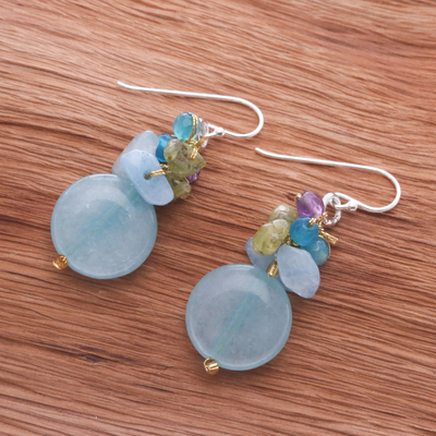 Aquamarine cluster earrings, 'Thai Joy' - Handmade Thai Dangle Earrings