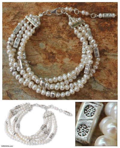 Cultured pearl beaded bracelet, 'Shimmering Moon' - Cultured pearl beaded bracelet