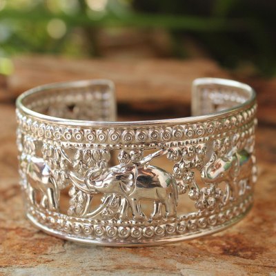 Sterling silver cuff bracelet, 'Elephant Courtship' - Handmade Sterling Silver Cuff Bracelet