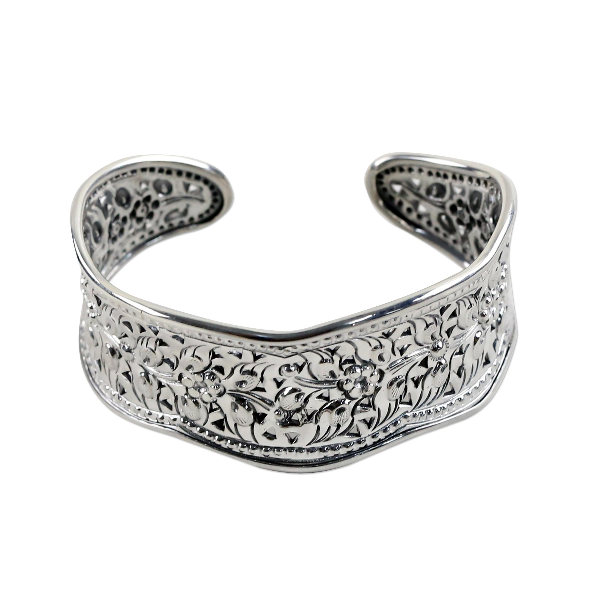 Artisan Crafted Thai Floral Sterling Silver Cuff Bracelet - Mae Ping ...