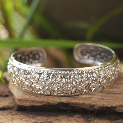 Floral Sterling Silver Cuff Bracelet from Thailand - Lanna Garland | NOVICA
